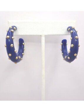 Kenneth Jay Lane Hoop Earrings Blue w/ Gold Tone Dots Chunky Pierced Signed KJL